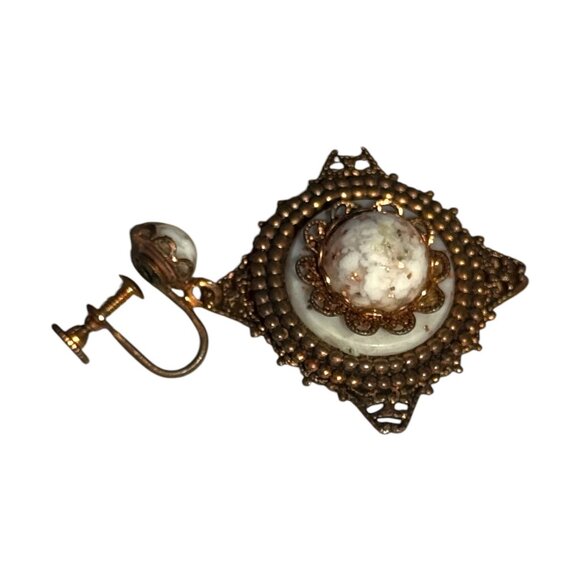 Vintage Art Deco Copper Filigree Clip-On Earrings With White Fleck Stone - Picture 8 of 8